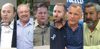 Candidatos a prefeito de Brusque: Ari Vequi, Ciro Roza, Coronel Gomes, Paulinho Sestrem, Paulo Eccel e Professor Guilherme