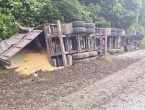 VÍDEO - Após ficar sem freios, caminhão tomba na Serra Dona Francisca e drone flagra acidente